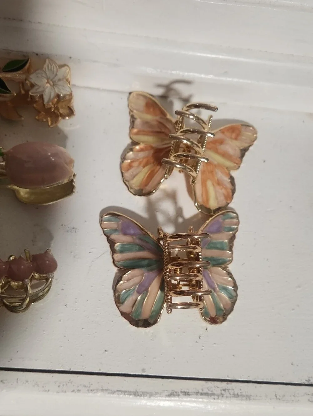 8 Gold Floral and Butterfly Hair Clip Set with Pink, Green, Yellow Accents